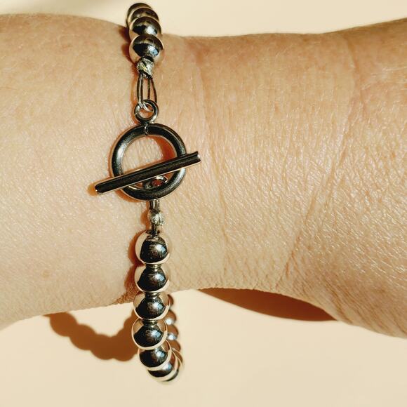 Set of 2 Handmade Stacked Bracelets in Satinless Steel and Lapis 8.5 inches - Picture 5 of 5